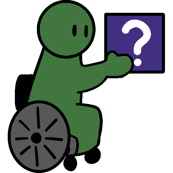 A green person in a wheelchair holding out a purple square with a white question mark on it.